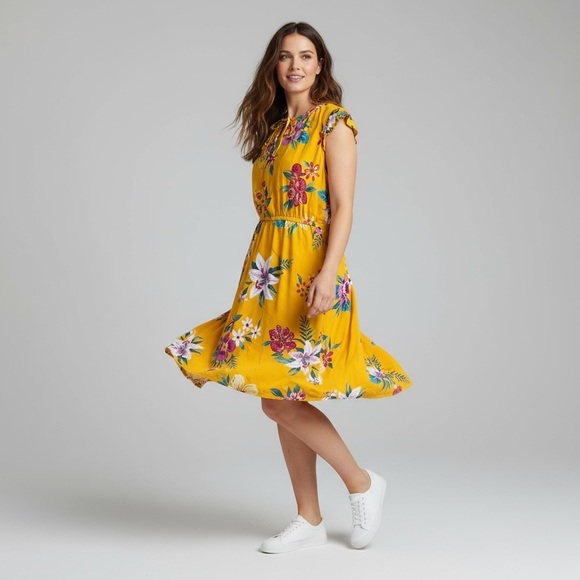 Old Navy Yellow Floral Midi Dress Sz XL Short Flutter Sleeve Casual Boho Flowy - Picture 2 of 11